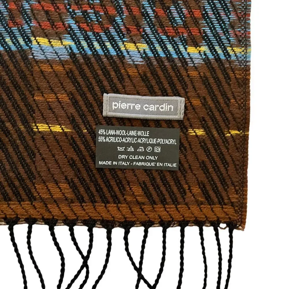 Pierre Cardin Vintage Jacquard Logo Brown Plaid Wool-Blend Fringe Muffler Scarf